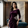 Wine Velvet draped Party Dress
