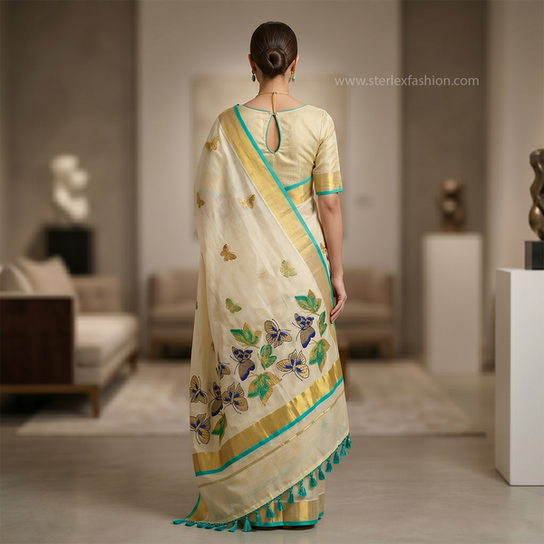 Mayura Teal Butterfly Kasavu Saree