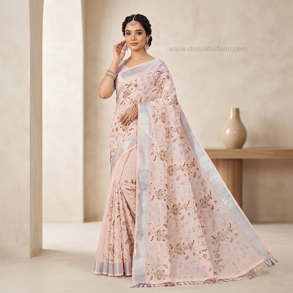 Blush Flora Silver Border Linen Saree