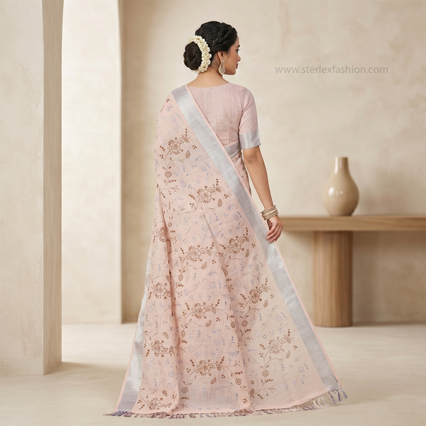 Blush Flora Silver Border Linen Saree