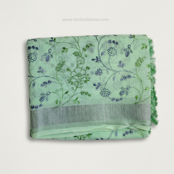 Mint Flora Silver Border Linen Saree
