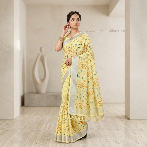Sunlit Flora Silver Border Linen Saree