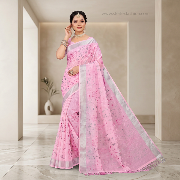 Rosé Blossom Silver Border Linen Saree