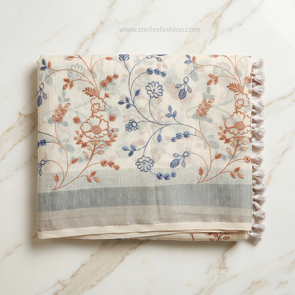Ivory Blossom Silver Border Linen Saree