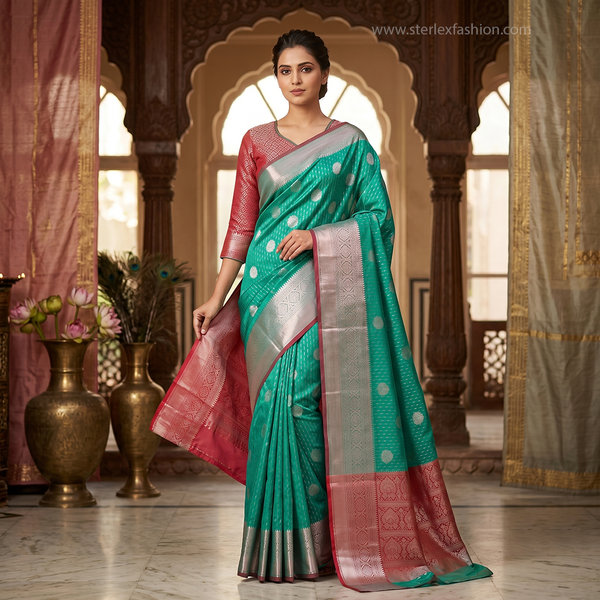 Sea Green Soft Silk Saree with Silver Zari Border
