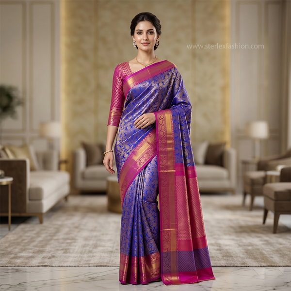 Royal Blue & Pink Banarasi Silk Saree with Zari Weaving