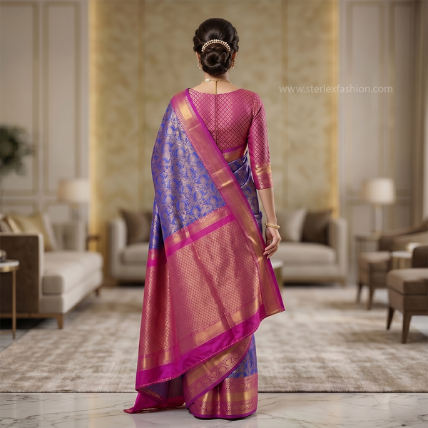 Royal Blue & Pink Banarasi Silk Saree with Zari Weaving