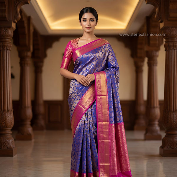 Royal Blue & Pink Kanjivaram Style Silk Saree
