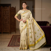 Kerala Style Ivory Embroidered Saree with Zari Border