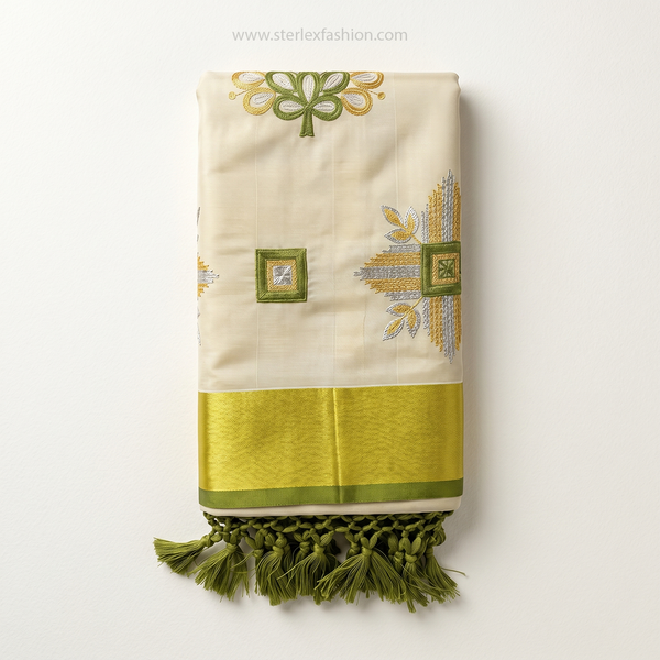 Kerala Style Ivory Embroidered Saree with Zari Border