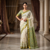 Ivory & Sage Green Embroidered Traditional Saree