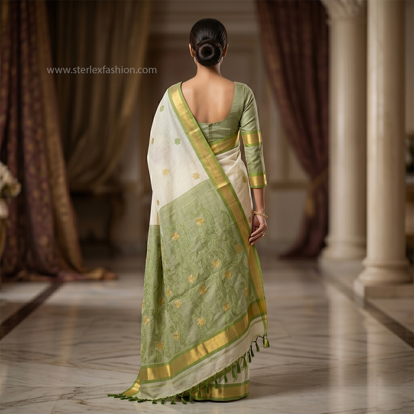 Ivory & Sage Green Embroidered Traditional Saree