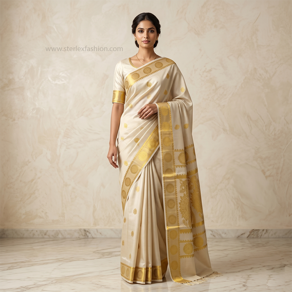 Ivory Gold Heritage Silk Saree