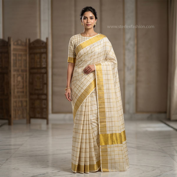 Royal Ivory Gold Checked Saree