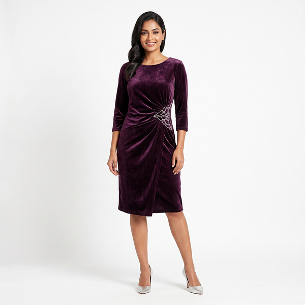 Plum velvet draped dress