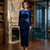 royal blue velvet draped dress