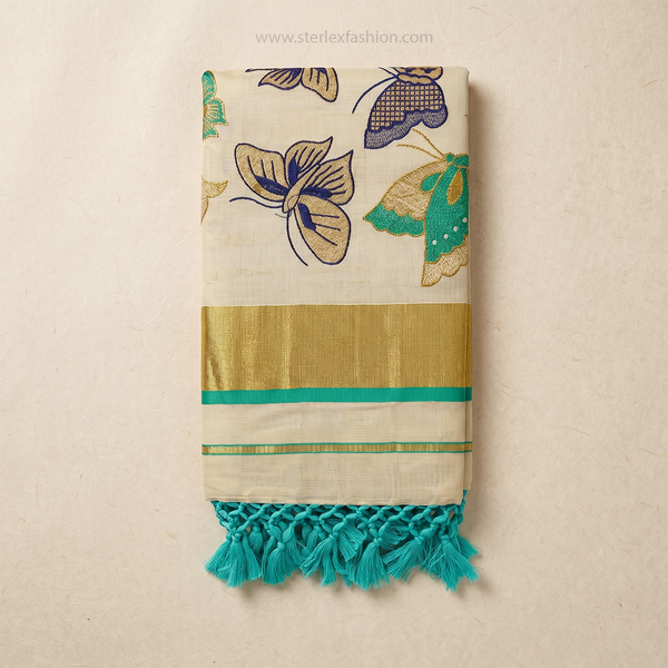 Mayura Teal Butterfly Kasavu Saree