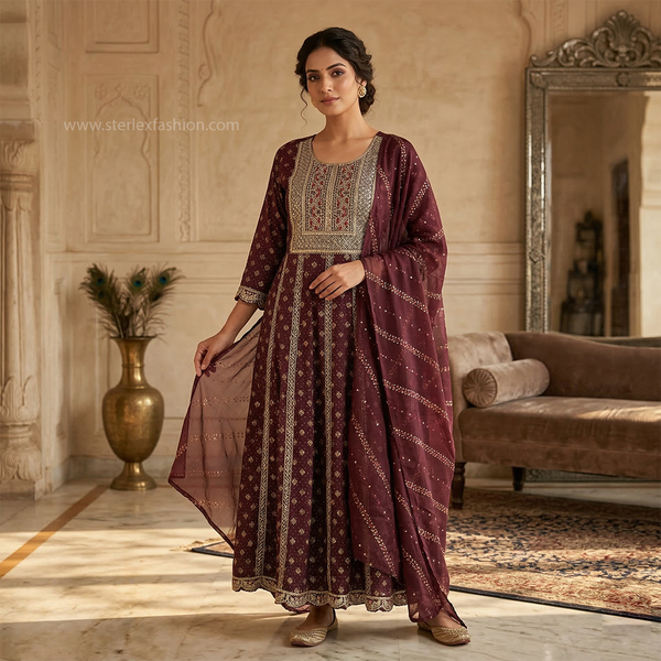 wine maroon Anarkali suit set