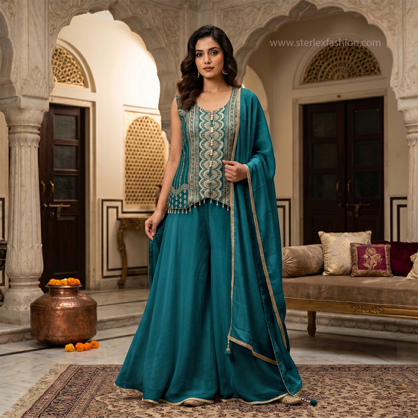 Zareen Teal Heritage Palazzo Ensemble
