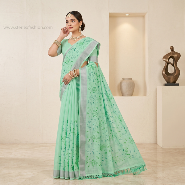 Mint Flora Silver Border Linen Saree