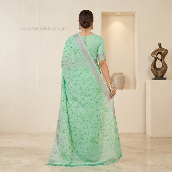 Mint Flora Silver Border Linen Saree