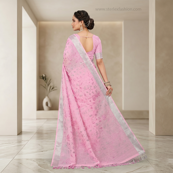 Rosé Blossom Silver Border Linen Saree