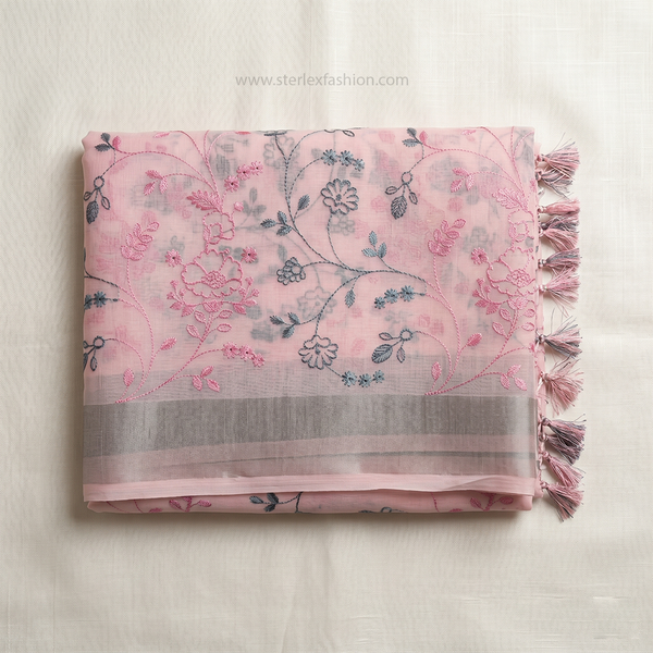 Rosé Blossom Silver Border Linen Saree