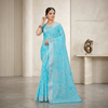 Aqua Bloom Silver Border Linen Saree
