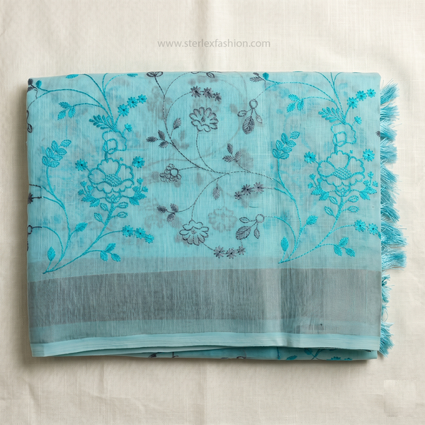 Aqua Bloom Silver Border Linen Saree