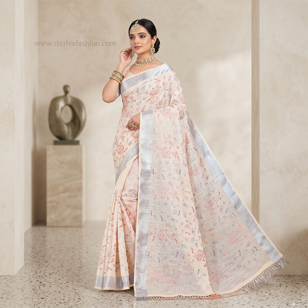 Ivory Blossom Silver Border Linen Saree