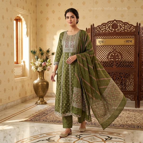 olive green Anarkali suit set