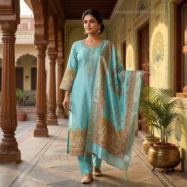 Sky Blue Embroidered Suit Set