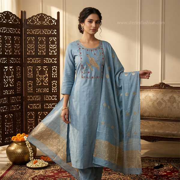 Elegant Gray Embroidered Suit Set
