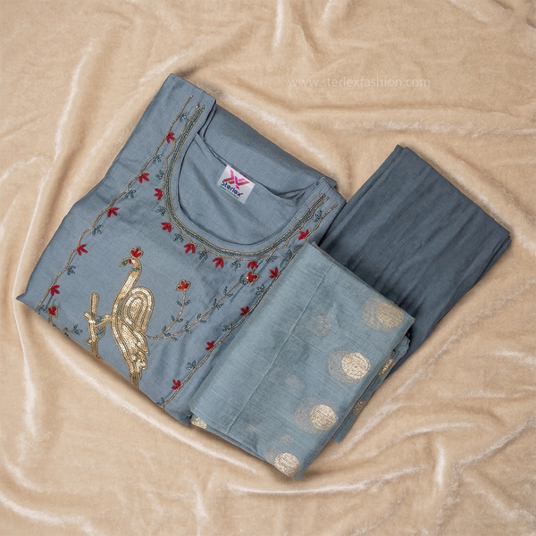 Elegant Gray Embroidered Suit Set
