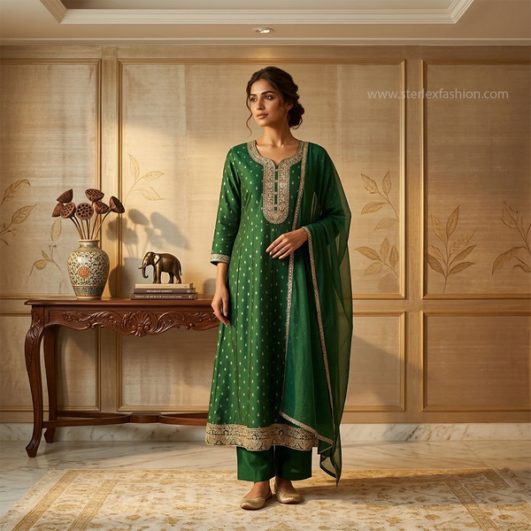Emerald Grace Embroidered Cotton Anarkali Suit Set