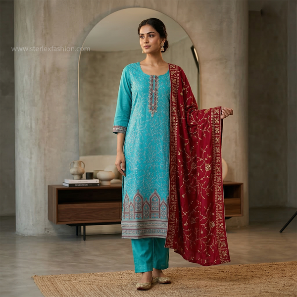 Turquoise Elegance Embroidered Suit Set