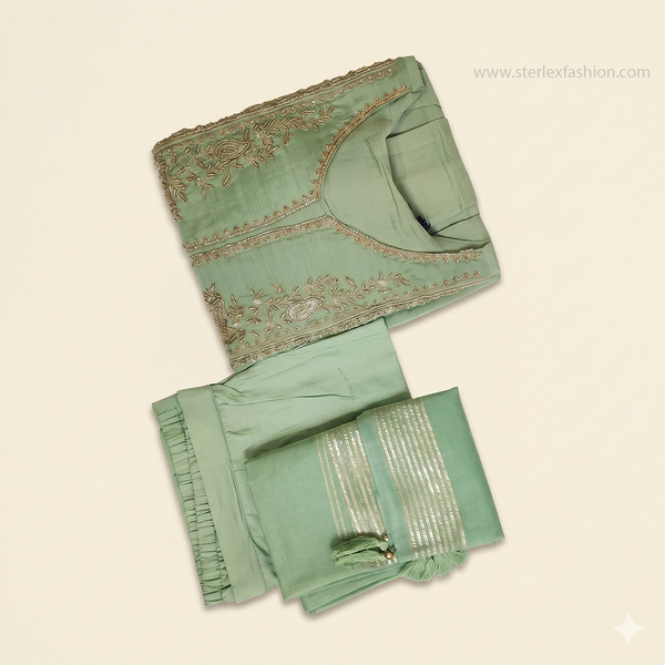 Sage Green Embroidered Anarkali Suit Set with Dupatta