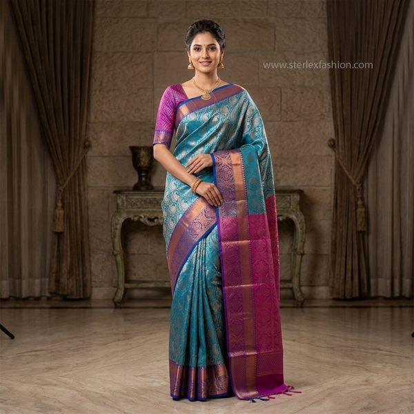 Turquoise Blue & Magenta Woven Banarasi Saree