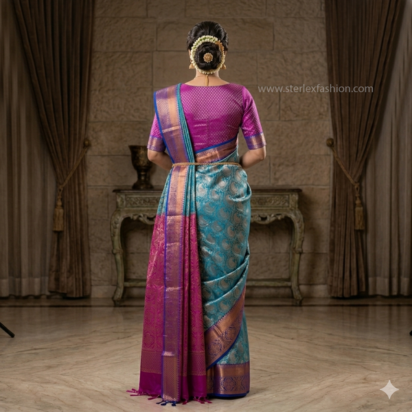Turquoise Blue & Magenta Woven Banarasi Saree