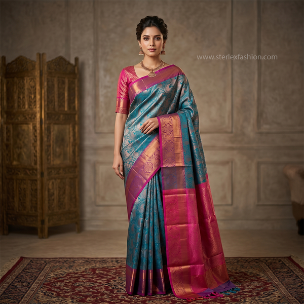 Teal Blue & Pink Kanjivaram Style Silk Saree