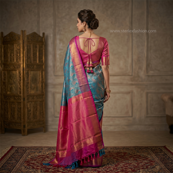 Teal Blue & Pink Kanjivaram Style Silk Saree