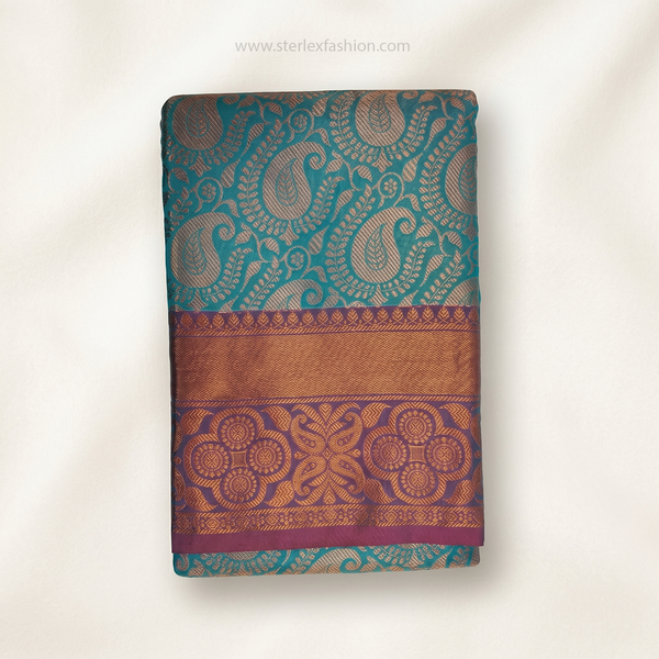 Teal Blue & Pink Kanjivaram Style Silk Saree
