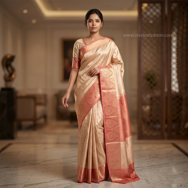 Champagne Gold & Rose Pink Soft Silk Saree