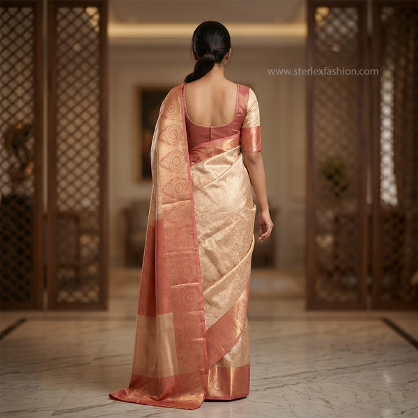 Champagne Gold & Rose Pink Soft Silk Saree