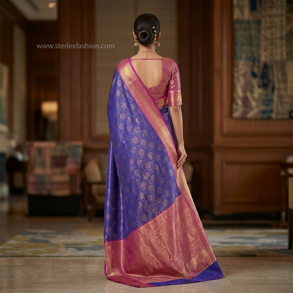 Royal Blue & Pink Kanjivaram Style Silk Saree