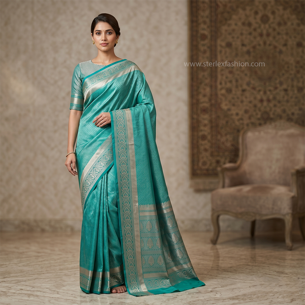 Aqua Green Silver Zari Kanjivaram Silk Saree