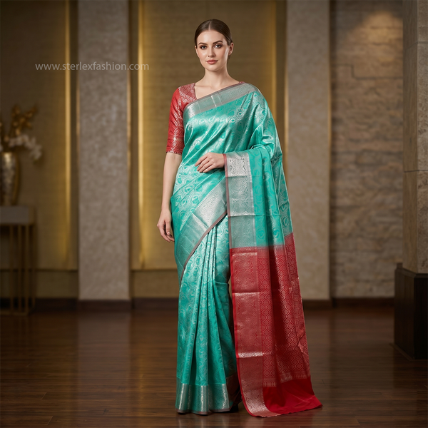 Aqua Green Soft Silk Saree with Silver Zari Border