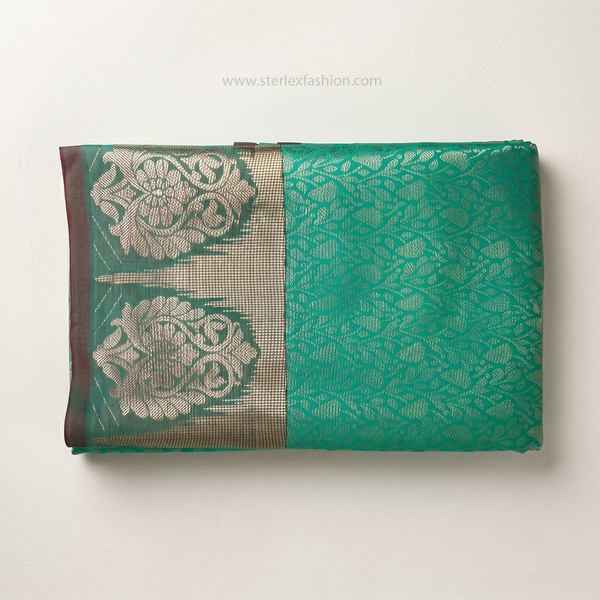 Sea Green Banarasi Silk Saree with Contrast Red Pallu