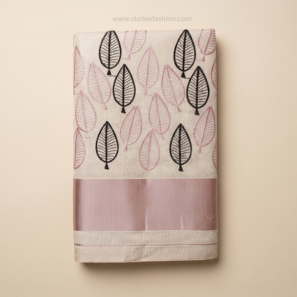 Ivory Handcrafted Leaf Motif Linen Saree