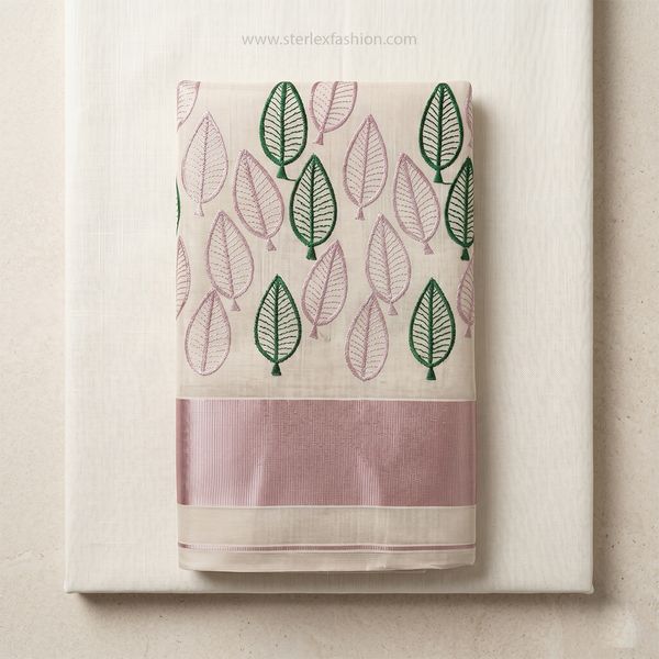 Ivory Handcrafted Leaf Motif Linen Saree